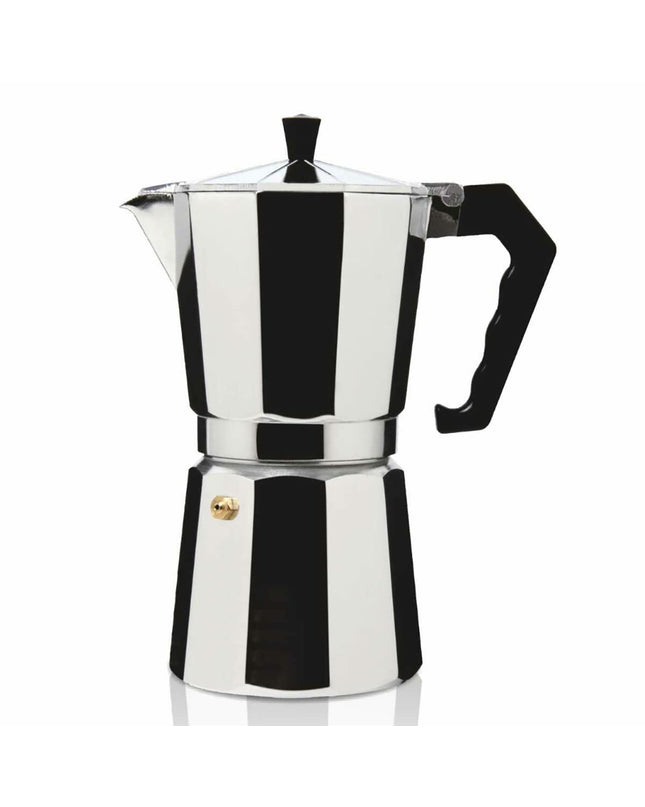 Haeger CP-06A.007A 1L Italian aluminium coffee pot on stovetop, designed for brewing traditional Italian coffee.