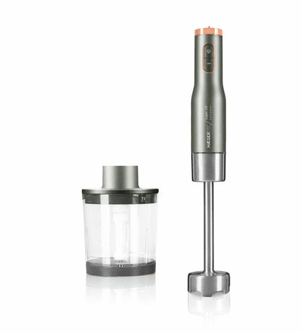 Haeger HB-80C.025A gray hand blender with 800W power, shown with blending attachments for kitchen use.