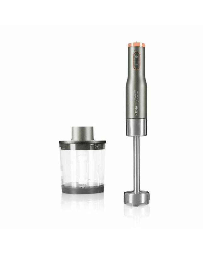 Haeger HB-80C.025A gray hand blender with 800W power, shown with blending attachments for kitchen use.