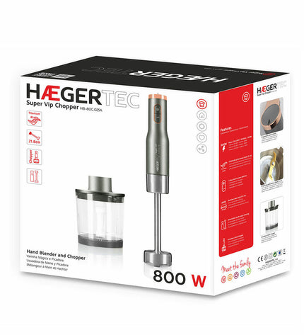 Haeger HB-80C.025A hand blender in gray with 800W power, designed for home cooking and small kitchen appliances.