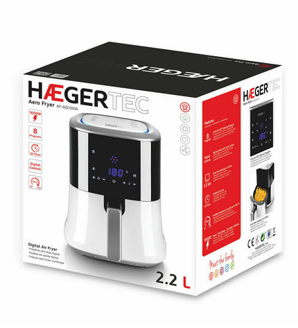 Haeger AF-D22.001A white deep fryer with 2.2L capacity and 1000W power, compact kitchen appliance for frying at home.