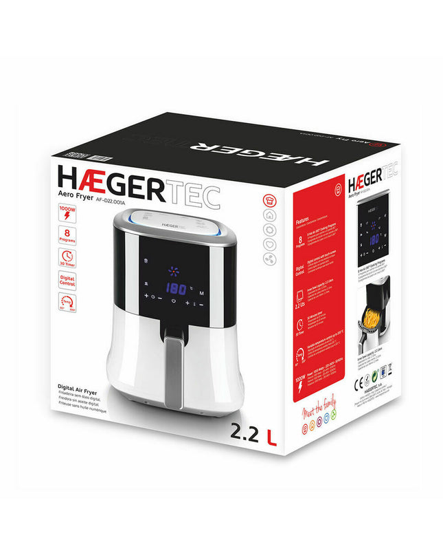 Haeger AF-D22.001A white deep fryer with 2.2L capacity and 1000W power, compact kitchen appliance for frying at home.
