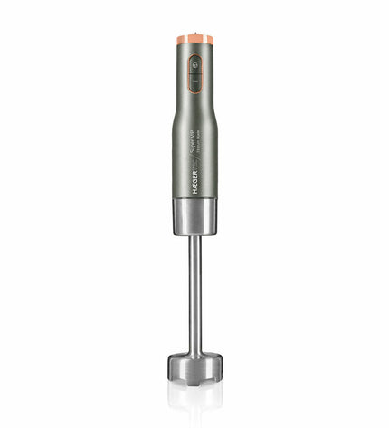 Haeger HB-80G.026A gray hand blender with 800W power, ideal for cooking and home kitchen tasks, shown with blending attachments.