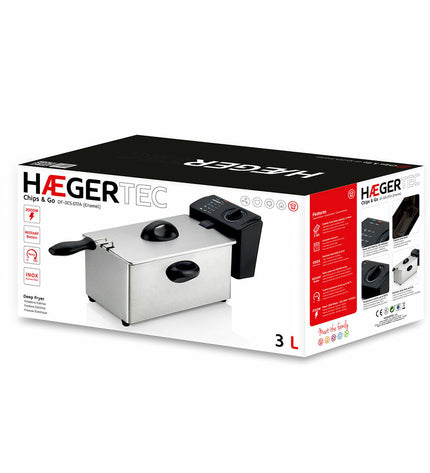 Haeger DF-3ES.017A black deep fryer with 2000W power, compact electric kitchen appliance for frying food.