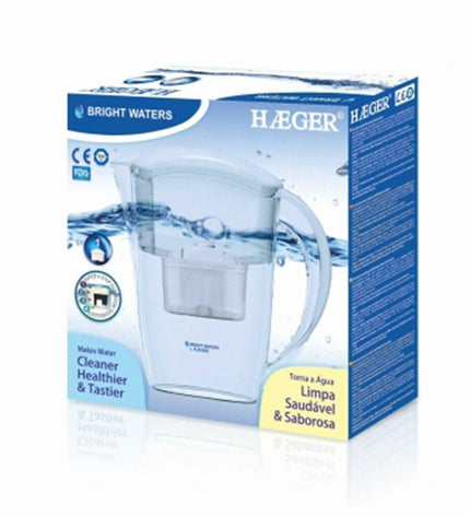 Haeger WJ-24W.004A white 2.4L water jug with filter for kitchen use, featuring a handle and spout for easy pouring.