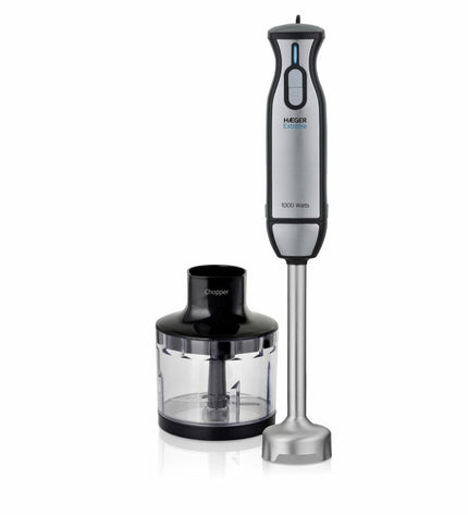 Haeger HB-10S.027A black 1000W hand blender with stainless steel blending arm, compact kitchen appliance for mixing and blending.