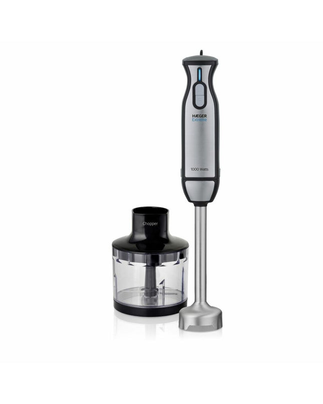 Haeger HB-10S.027A black 1000W hand blender with stainless steel blending arm, compact kitchen appliance for mixing and blending.