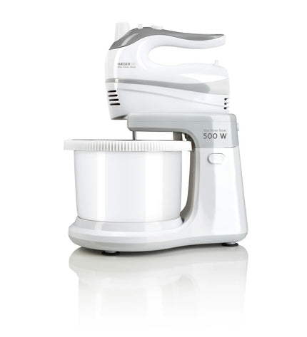 Haeger BL-5BW.014A white hand mixer with 500W motor and mixing beaters for home cooking and baking tasks.