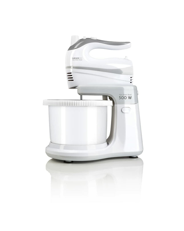 Haeger BL-5BW.014A white hand mixer with 500W motor and mixing beaters for home cooking and baking tasks.
