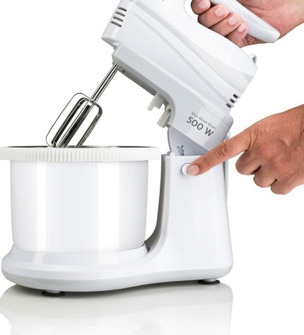 Haeger BL-5BW.014A white handheld mixer with 500W power and mixing bowl, suitable for home cooking and baking tasks.