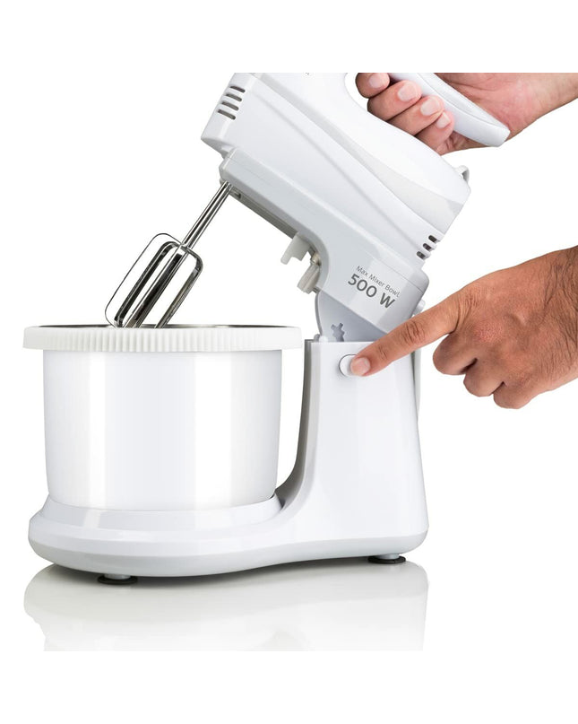 Haeger BL-5BW.014A white handheld mixer with 500W power and mixing bowl, suitable for home cooking and baking tasks.