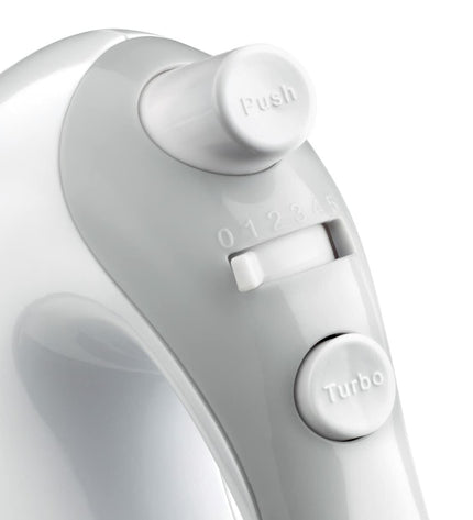 Haeger BL-5BW.014A white hand mixer with mixing bowl, 500W, small kitchen appliance for cooking and baking.