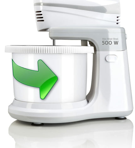 Haeger BL-5BW.014A white 500W hand mixer with mixing bowl, compact kitchen appliance for baking and cooking tasks