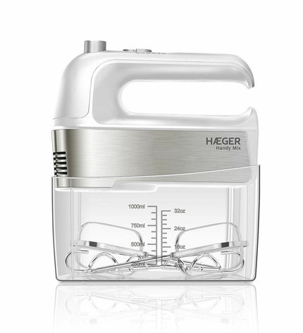 Haeger BL-3HW.015A 300W hand mixer with a mixing bowl, compact electric kitchen appliance for baking and cooking.