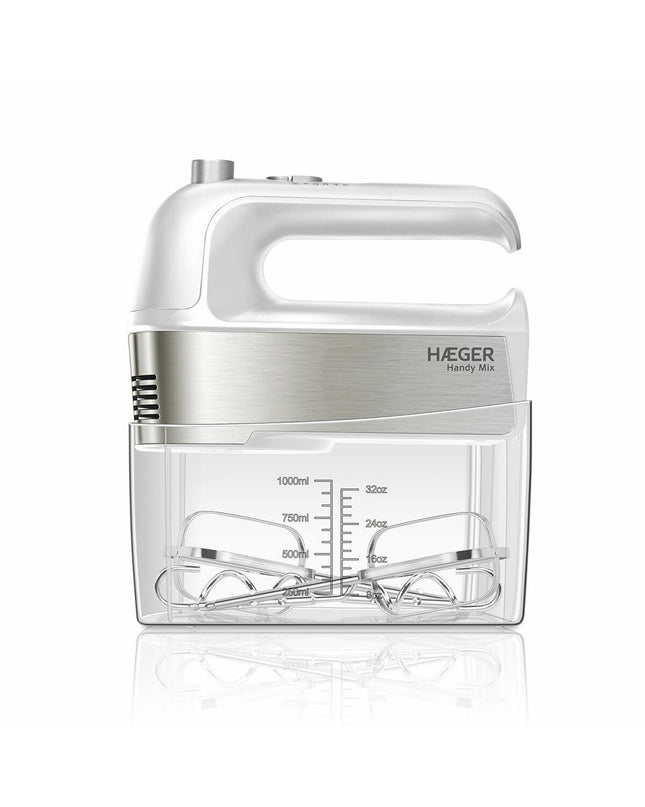 Haeger BL-3HW.015A 300W hand mixer with a mixing bowl, compact electric kitchen appliance for baking and cooking.