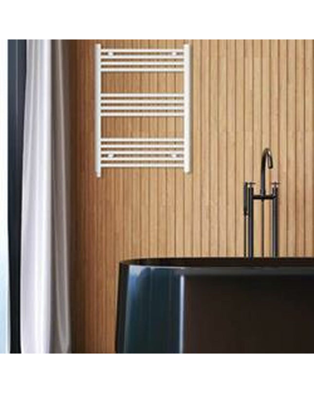 Haeger TW-30W.002A electric wall towel rack in white, 80x60 cm, mounted on bathroom wall with towels hanging.