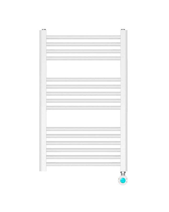 Haeger TW-40W.006A electric wall-mounted towel rail in a bathroom setting, showing its 80x50 cm size and sleek design.