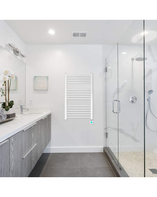 Haeger TW-40W.006A electric wall towel rail in bathroom, 80x50 cm, 400W, mounted on tiled wall with towels hanging.