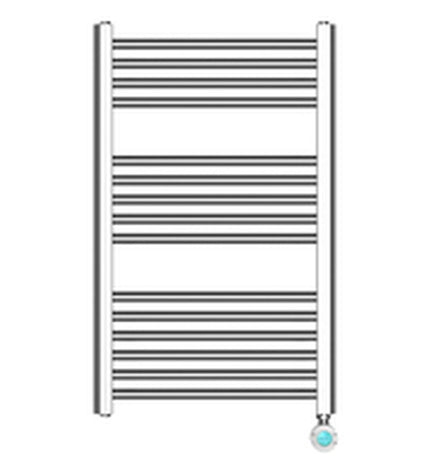 Haeger TW-40C.007A electric wall towel rack in bathroom, 80x50 cm, with heating element, mounted on tiled wall.