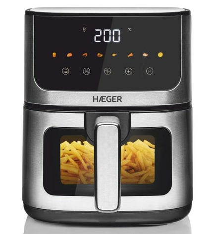 Haeger Magic Window gray air fryer with 1400W power, compact electric kitchen appliance for healthy cooking.