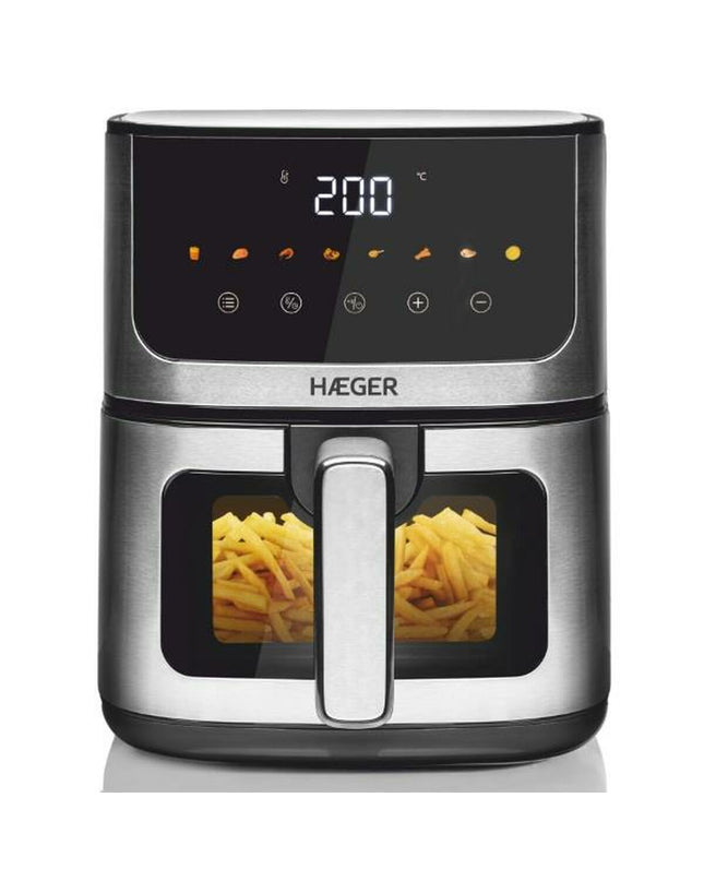 Haeger Magic Window gray air fryer with 1400W power, compact electric kitchen appliance for healthy cooking.