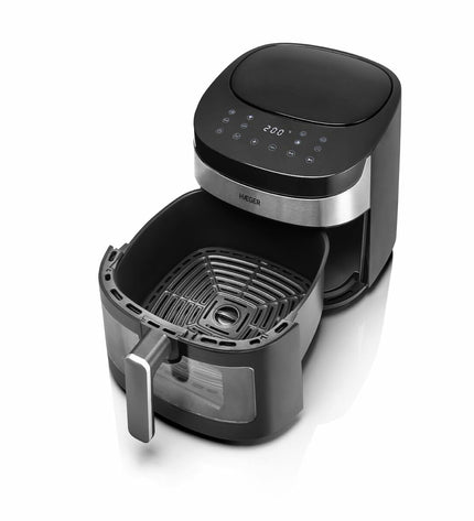 Haeger AF-D80.008A black air fryer with 8L capacity and 1800W power, compact kitchen appliance for healthy frying.