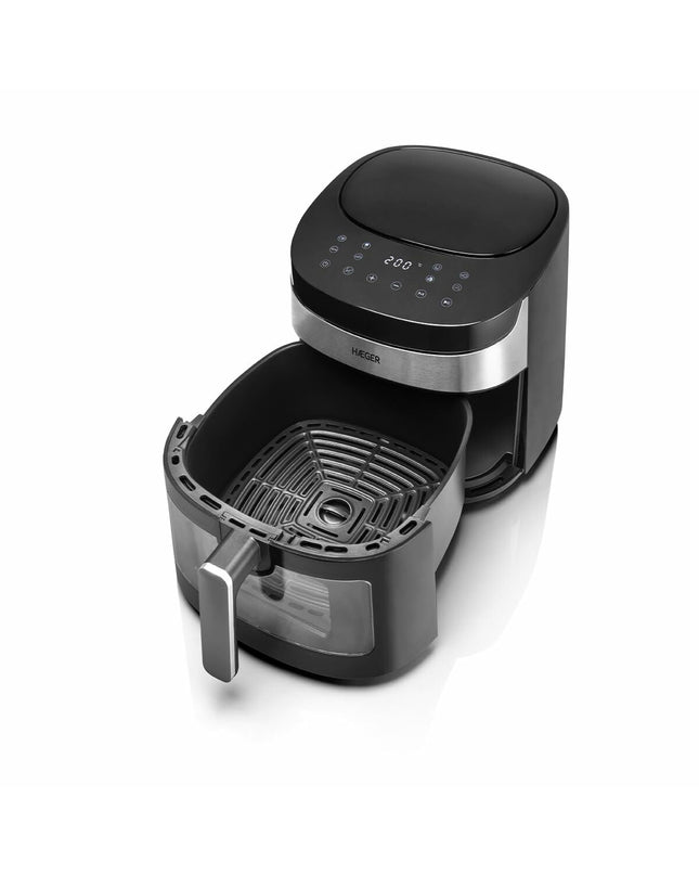 Haeger AF-D80.008A black air fryer with 8L capacity and 1800W power, compact kitchen appliance for healthy frying.