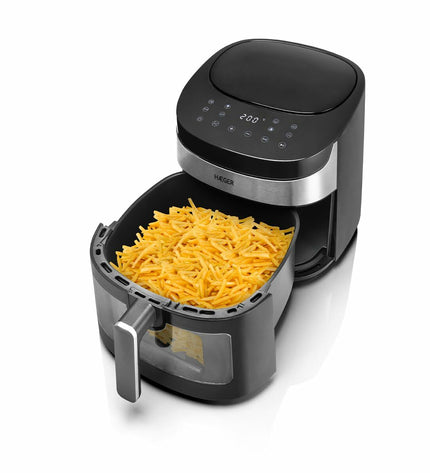 Haeger AF-D80.008A black air fryer with 8L capacity and 1800W power, shown on a kitchen countertop.