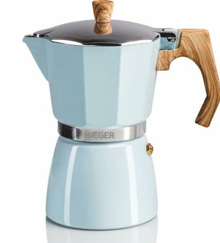 Haeger Italiaanse koffiepot CP-06A.011A voor koffie en thee, huis en koken, zichtbaar met metalen handvat en glanzende roestvrijstalen afwerking.