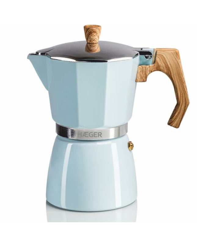 Haeger Italiaanse koffiepot CP-06A.011A voor koffie en thee, huis en koken, zichtbaar met metalen handvat en glanzende roestvrijstalen afwerking.