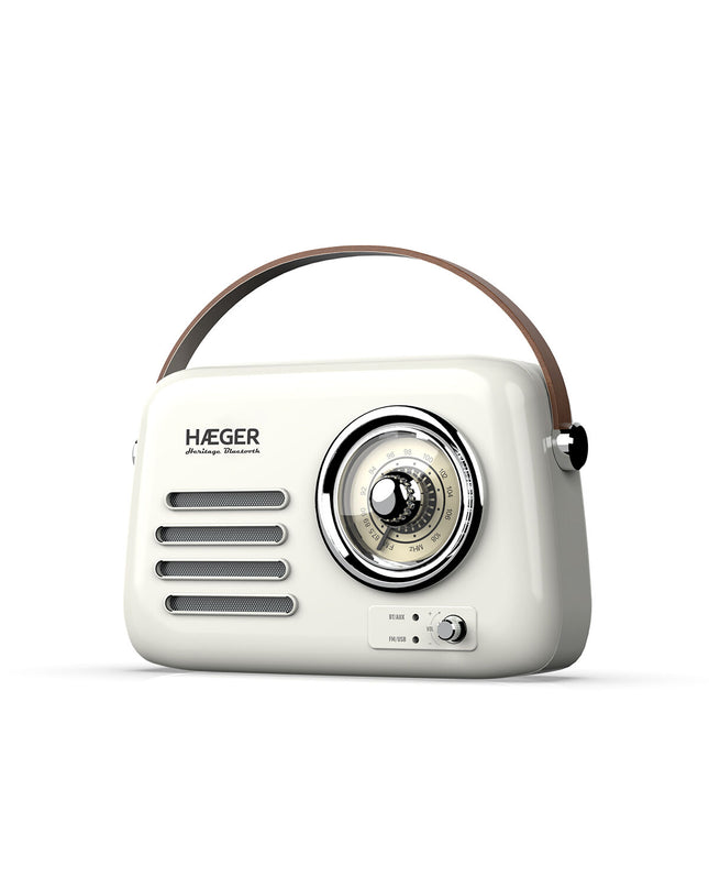 Haeger AM/FM radio RB-CRE.003A with digital display, tuning dial, and vintage electronic design for audio entertainment