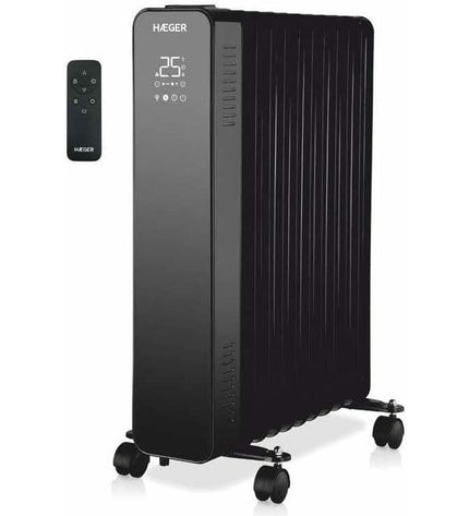 Haeger portable air conditioning unit for home and cooking, shown in a modern indoor setting with controls on top.