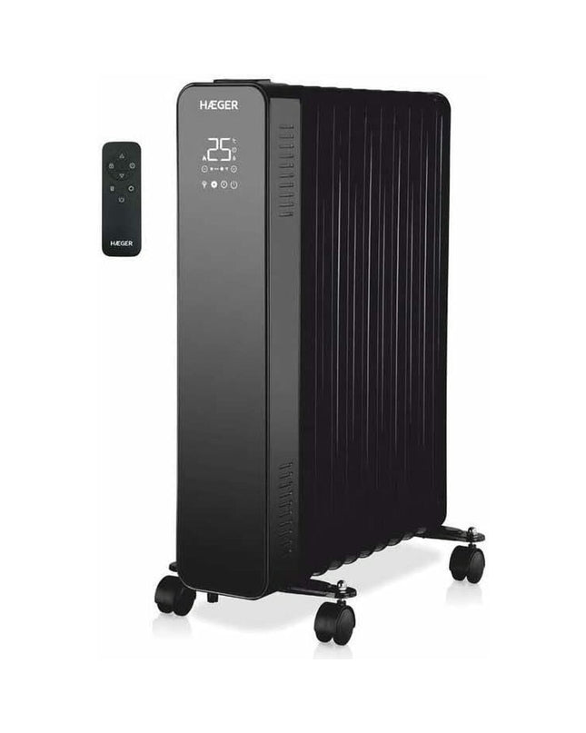 Haeger portable air conditioning unit for home and cooking, shown in a modern indoor setting with controls on top.