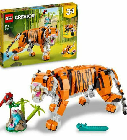 Lego 31129 Majestic Tiger building toy with multicolored bricks, featuring detailed tiger design and 755 pieces for creative play.