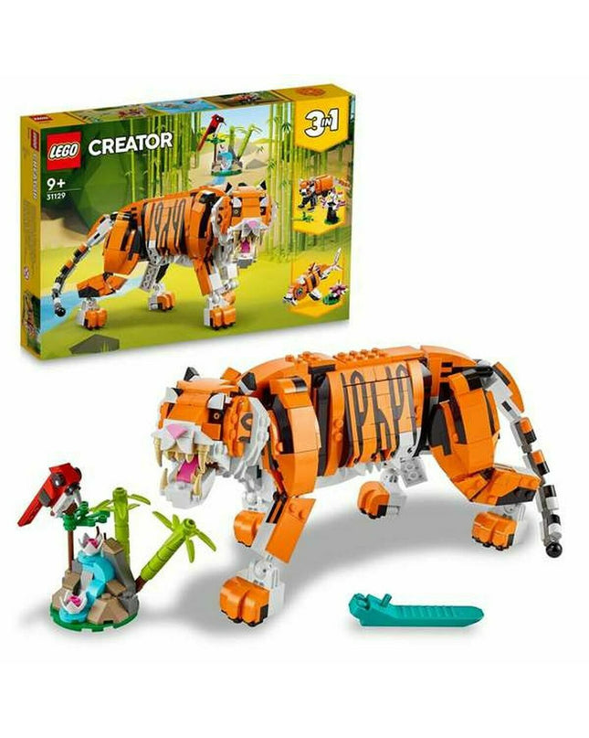 Lego 31129 Majestic Tiger building toy with multicolored bricks, featuring detailed tiger design and 755 pieces for creative play.