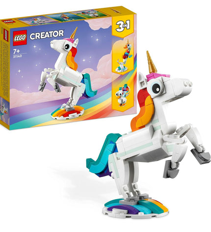 Lego Creator Magic Unicorn 31140 3-in-1 building toy with 145 pieces, featuring a colorful unicorn model and alternative designs.