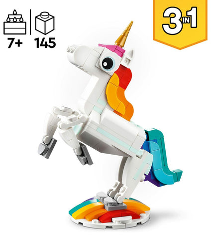 Lego Creator Magic Unicorn 31140 3-in-1 building toy with colorful unicorn and other models, featuring 145 pieces.