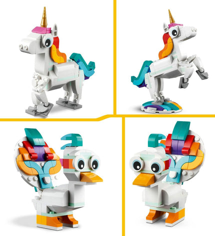 Lego Creator Magic Unicorn 31140 3-in-1 building toy with 145 pieces, featuring a colorful unicorn model and versatile construction options.