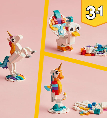 Lego Creator Magic Unicorn 31140 3-in-1 building toy with colorful unicorn and other creatures, featuring 145 pieces.
