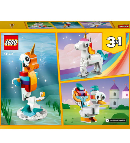 Lego Creator Magic Unicorn 31140 3-in-1 building toy with 145 pieces, featuring a colorful unicorn figure and interchangeable models.