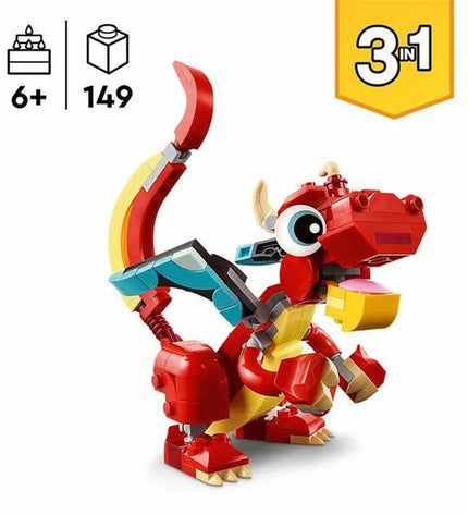 Lego Creator 31145 Red Dragon building toy with 149 pieces, featuring a detailed red dragon model for creative play.
