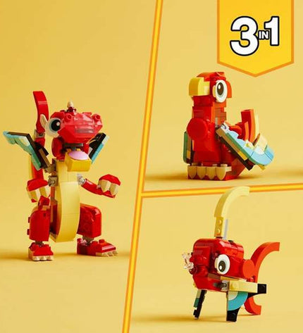 Lego Creator 31145 Red Dragon building toy with 149 pieces, featuring detailed red dragon model from Lego speelgoed en games collection.