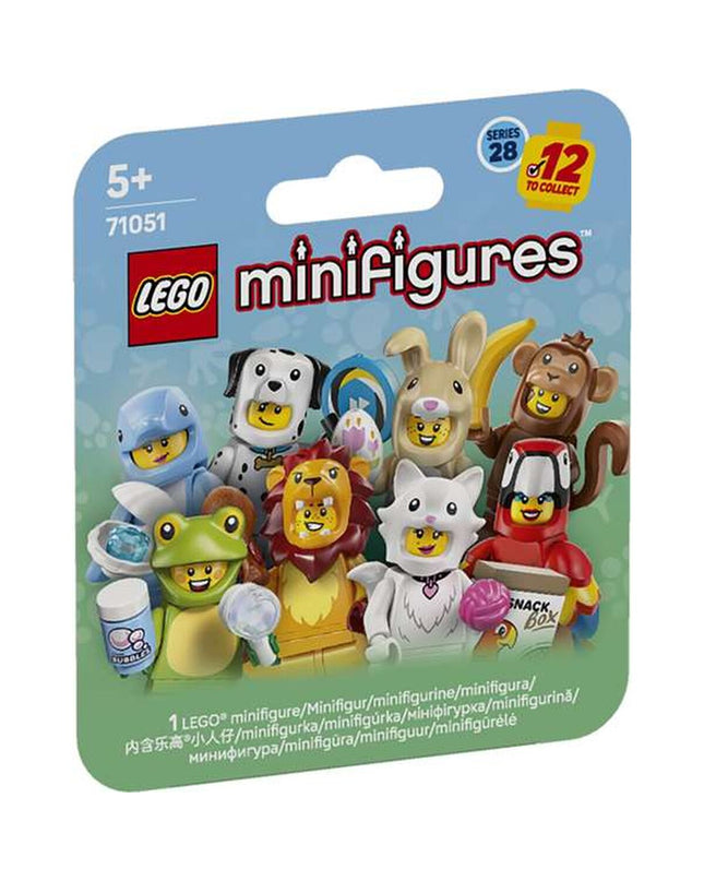 Lego Minifigures 71051 toy set featuring various colorful Lego characters and accessories on a white background.