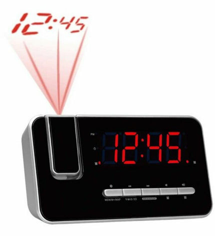 Denver Electronics CRP-618 FM radio alarm clock showing digital display and control buttons on a sleek electronic device.