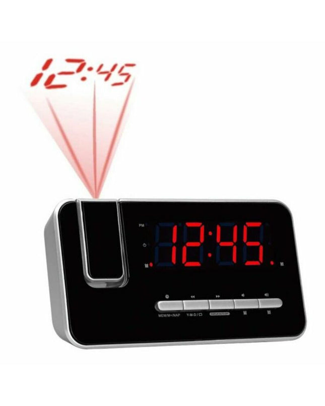 Denver Electronics CRP-618 FM radio alarm clock showing digital display and control buttons on a sleek electronic device.