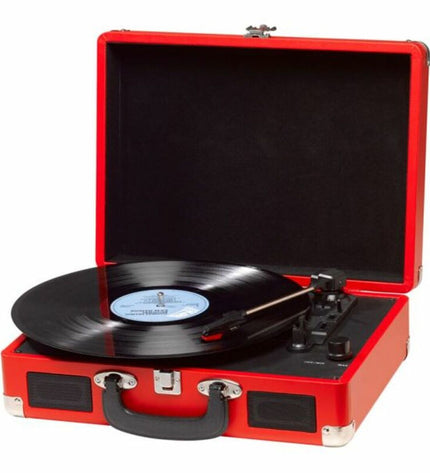 Denver Electronics VPL-120RED turntable with red finish, vintage style, and audio output, part of electronic audio and hi-fi equipment.