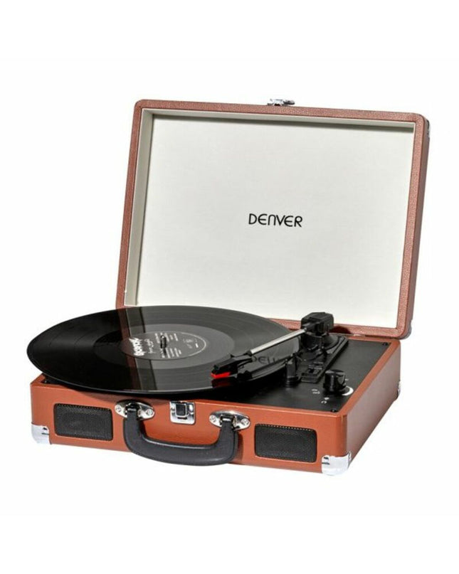 Denver Electronics platenspeler BEL5706751027680 in bruin, vintage-style audio turntable with tonearm and control knobs.
