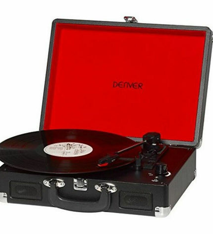 Denver Electronics BEL5706751028649 black turntable for vinyl records, part of audio and hi-fi equipment, shown from a front angle.