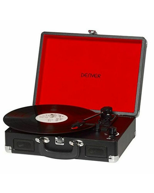 Denver Electronics BEL5706751028649 black turntable for vinyl records, part of audio and hi-fi equipment, shown from a front angle.