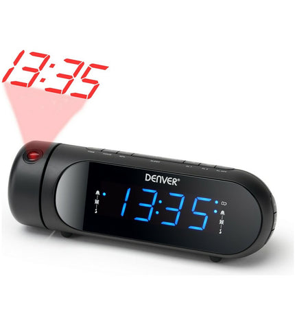 Black Denver Electronics CPR-700 FM radio alarm clock with digital display and control buttons on top.